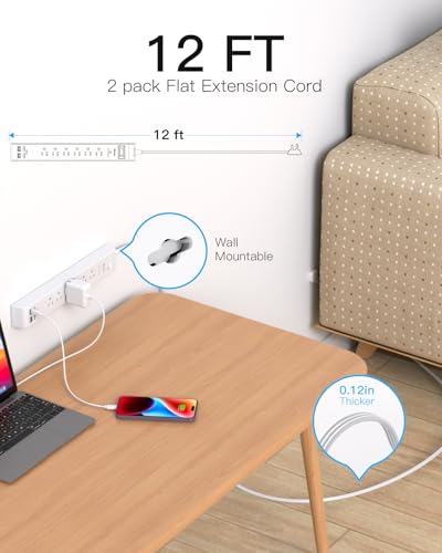 2 Pack Long Extension Cord, 12FT Power Strip Surge Protector with 6 Outlets and 4 USB Ports (2 USB C), Extension Cord with Multiple Outlets, Flat... 2 Pack Long Extension Cord, 12FT Power Strip Surge Protector with 6 Outlets and 4 USB Ports (2 USB C), Extension Cord with Multiple Outlets, Flat...