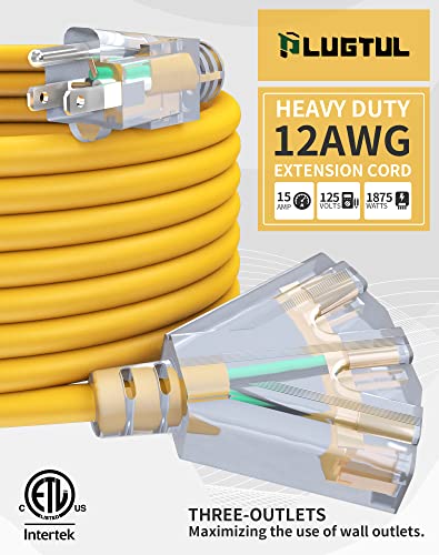 25Ft 12/3 Outdoor Extension Cord with 3-Outlets, Heavy Duty 12 Gauge 3 Prong Extension Cord Waterproof with Lighted end, 15A 12AWG 1875W SJTW, ETL... 25Ft 12/3 Outdoor Extension Cord with 3-Outlets, Heavy Duty 12 Gauge 3 Prong Extension Cord Waterproof with Lighted end, 15A 12AWG 1875W SJTW, ETL...