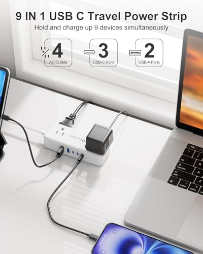 5 USB(3 USB C) Travel Power Strip- 5Ft Short Extension Cord with 5 USB Charging Station 24W/4.8A and 4 Wide Outlets, Compact Flat Plug Small...