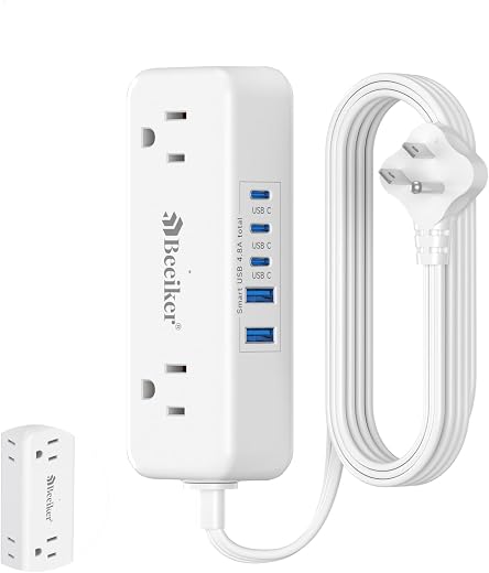 5 USB(3 USB C) Travel Power Strip- 5Ft Short Extension Cord with 5 USB Charging Station 24W/4.8A and 4 Wide Outlets, Compact Flat Plug Small...