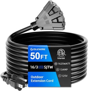 50 FT 3 Outlet Outdoor Extension Cord Waterproof, 16/3 SJTW Black Extension Cord with Multiple Outlets, Heavy Duty 16 Gauge 3-Prong Grounded Power... 50 FT 3 Outlet Outdoor Extension Cord Waterproof, 16/3 SJTW Black Extension Cord with Multiple Outlets, Heavy Duty 16 Gauge 3-Prong Grounded Power...