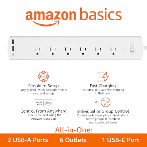 Amazon Basics Smart Plug Power Strip with 6 Individually Controlled Outlets and 3 USB Ports (2 USB-A and 1 USB-C), WiFi, Works with Alexa Only, 2.4... Amazon Basics Smart Plug Power Strip with 6 Individually Controlled Outlets and 3 USB Ports (2 USB-A and 1 USB-C), WiFi, Works with Alexa Only, 2.4...