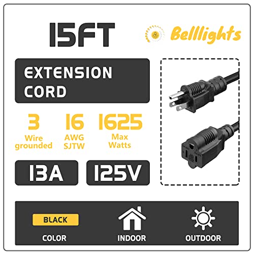 BELLLIGHTS 2-Pack 15ft Extension Cord 16 SJTW AWG Heavy Duty 3 Prong Power Cord BELLLIGHTS 2-Pack 15ft Extension Cord 16 SJTW AWG Heavy Duty 3 Prong Power Cord