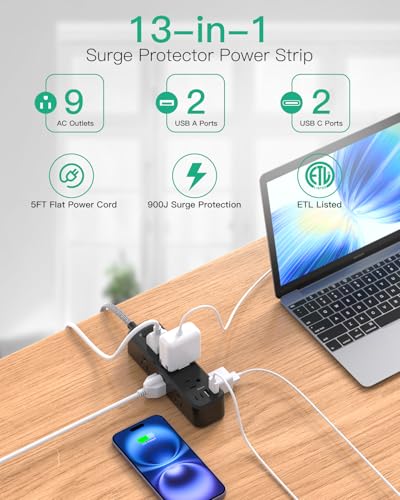 Black Extension Cord, Surge Protector Power Strip, Long Power Strip with 9 Outlets 4 USB Ports, Extension Cord with Multiple Outlets, USB Power... Black Extension Cord, Surge Protector Power Strip, Long Power Strip with 9 Outlets 4 USB Ports, Extension Cord with Multiple Outlets, USB Power...