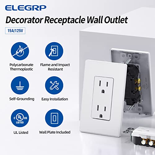 ELEGRP Matte White Standard Decorator Electrical Wall Receptacle Outlet, 15A 125V, 2 Pole 3 Wire, Non-Tamper Resistant, NEMA 5-15R, Self-Grounding,... ELEGRP Matte White Standard Decorator Electrical Wall Receptacle Outlet, 15A 125V, 2 Pole 3 Wire, Non-Tamper Resistant, NEMA 5-15R, Self-Grounding,...