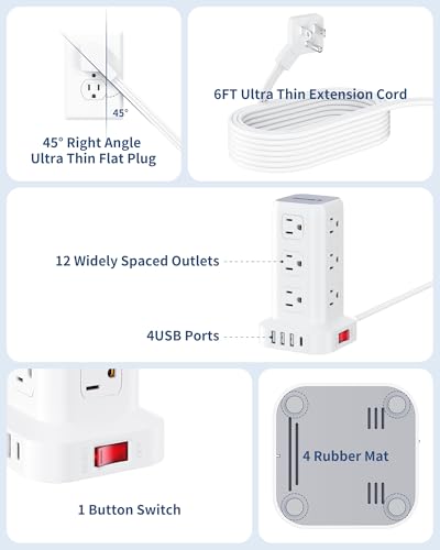 Extension Cord with Multiple Outlets, SMALLRT Flat Plug Surge Protector Power Strip Tower with USB 12 AC Outlets, 6.5FT Ultra Thin Extension Cord... Extension Cord with Multiple Outlets, SMALLRT Flat Plug Surge Protector Power Strip Tower with USB 12 AC Outlets, 6.5FT Ultra Thin Extension Cord...