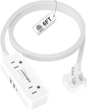 Flat Extension Cord 6 Feet - 4 AC Outlets 3 USB Ports (5V/3.4A 17W), Flat Plug Power Strip Compact for College Dorm, Travel, Cruise, Home, Office