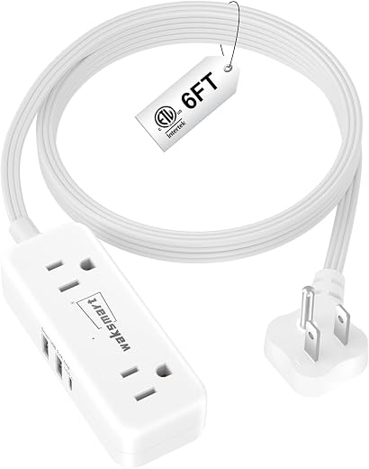 Flat Extension Cord 6 Feet - 4 AC Outlets 3 USB Ports (5V/3.4A 17W), Flat Plug Power Strip Compact for College Dorm, Travel, Cruise, Home, Office