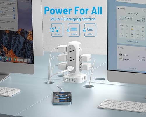 Flat Plug Power Strip Tower 10FT, 40W Total Fast Charging Station, Dual PD 20W USB-C Charger Tower with 12 AC Outlets and 8 USB Ports (4 USB C),...