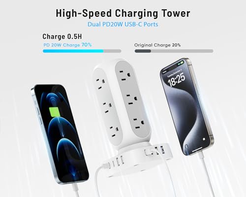 Flat Plug Power Strip Tower 10FT, 40W Total Fast Charging Station, Dual PD 20W USB-C Charger Tower with 12 AC Outlets and 8 USB Ports (4 USB C),...