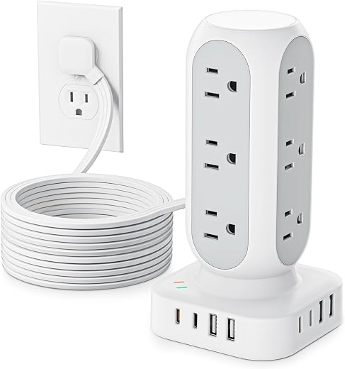 Flat Plug Power Strip Tower 10FT, 40W Total Fast Charging Station, Dual PD 20W USB-C Charger Tower with 12 AC Outlets and 8 USB Ports (4 USB C),...