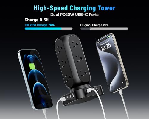 Flat Plug Power Strip Tower, TenTrend Dual PD 20W USB-C Charger Tower with 12 AC Outlets & 8 USB Ports (4 USB C), 40W Total Fast Charging Station,... Flat Plug Power Strip Tower, TenTrend Dual PD 20W USB-C Charger Tower with 12 AC Outlets & 8 USB Ports (4 USB C), 40W Total Fast Charging Station,...