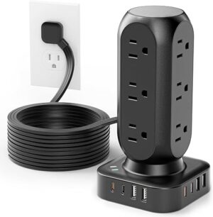 Flat Plug Power Strip Tower, TenTrend Dual PD 20W USB-C Charger Tower with 12 AC Outlets & 8 USB Ports (4 USB C), 40W Total Fast Charging Station,...
