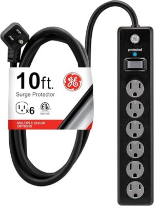 GE 6-Outlet Surge Protector, 10 Ft Extension Cord, Power Strip, 600 Joules, Twist-to-Close Safety Covers, Protected Indicator Light, ETL Listed,... GE 6-Outlet Surge Protector, 10 Ft Extension Cord, Power Strip, 600 Joules, Twist-to-Close Safety Covers, Protected Indicator Light, ETL Listed,...