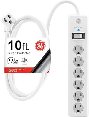 GE Surge Protector Power Strip, 10 Ft Extension Cord, 6 Outlet Extender, 800 Joules, Flat Plug, Twist-to-Close Safety Covers, ETL Listed, White, 14092 GE Surge Protector Power Strip, 10 Ft Extension Cord, 6 Outlet Extender, 800 Joules, Flat Plug, Twist-to-Close Safety Covers, ETL Listed, White, 14092
