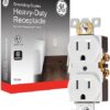 GE UltraPro Duplex Heavy-Duty Receptacle, White, Wall Outlet, Reinforced Yoke, Self-grounding Clip, 3 Prong, Supports 15A, UL Listed, 42157