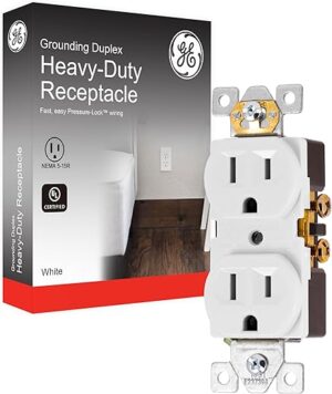 GE UltraPro Duplex Heavy-Duty Receptacle, White, Wall Outlet, Reinforced Yoke, Self-grounding Clip, 3 Prong, Supports 15A, UL Listed, 42157 GE UltraPro Duplex Heavy-Duty Receptacle, White, Wall Outlet, Reinforced Yoke, Self-grounding Clip, 3 Prong, Supports 15A, UL Listed, 42157