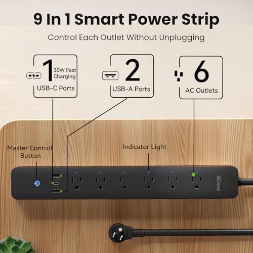 GHome Smart Power Strip 15A, 2.4G WiFi Smart Plugs That Work with Alexa & Google Home, Surge Protector Flat Plug with 6 APP Control WiFi Outlets,...