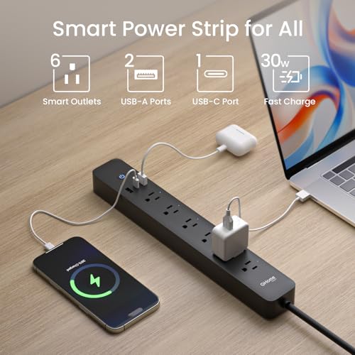 GHome Smart Power Strip 15A, 2.4G WiFi Smart Plugs That Work with Alexa & Google Home, Surge Protector Flat Plug with 6 APP Control WiFi Outlets,...