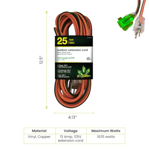 Go Green Power Inc. 16/3 25ft Outdoor Extension Cord with Lighted End - Contractor Grade, Durable, and Moisture Resistant - Ideal for Heavy Duty... Go Green Power Inc. 16/3 25ft Outdoor Extension Cord with Lighted End - Contractor Grade, Durable, and Moisture Resistant - Ideal for Heavy Duty...
