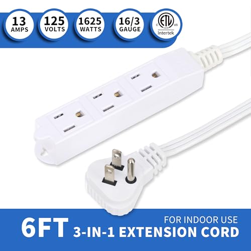 GOMEN 6 Feet Indoor Extension Cord with 3 Outlets, AWG 16/3 Angled Flat Plug Power Strip, 3 Prong Grounded, 13 Amps - 1625 Watts - 125 VAC, White,...