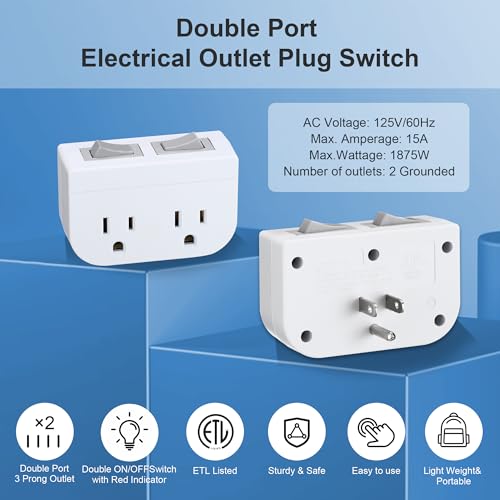 Grounded Double Outlet Power Adapter with Separate On/Off Switch 1 Pack, 3 Prong 2 Port Electrical Plug Current Wall Tap for Cruise Ship,... Grounded Double Outlet Power Adapter with Separate On/Off Switch 1 Pack, 3 Prong 2 Port Electrical Plug Current Wall Tap for Cruise Ship,...