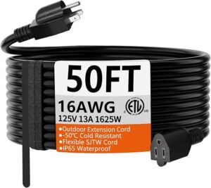 HUANCHAIN 50 FT 16 Gauge Black Indoor Outdoor Extension Cord Waterproof, Flexible Cold Weather 3 Prong Electric Cord Outside, 13A 1625W 125V 16AWG... HUANCHAIN 50 FT 16 Gauge Black Indoor Outdoor Extension Cord Waterproof, Flexible Cold Weather 3 Prong Electric Cord Outside, 13A 1625W 125V 16AWG...