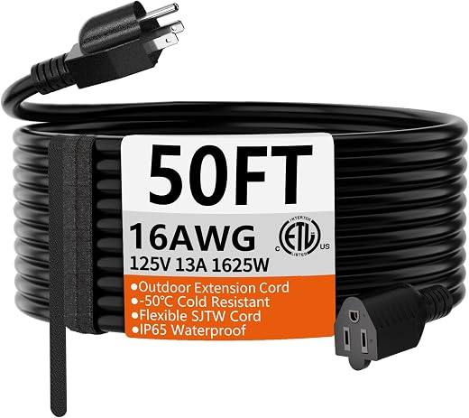 HUANCHAIN 50 FT 16 Gauge Black Indoor Outdoor Extension Cord Waterproof, Flexible Cold Weather 3 Prong Electric Cord Outside, 13A 1625W 125V 16AWG...