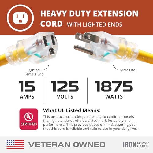 IRON FORGE CABLE 2 Pack of 25 Foot Outdoor Extension Cords - 12/3 SJTW Heavy Duty Lighted Yellow Extension Cable with 3 Prong Grounded Plug for... IRON FORGE CABLE 2 Pack of 25 Foot Outdoor Extension Cords - 12/3 SJTW Heavy Duty Lighted Yellow Extension Cable with 3 Prong Grounded Plug for...