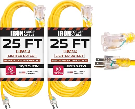 IRON FORGE CABLE 2 Pack of 25 Foot Outdoor Extension Cords - 12/3 SJTW Heavy Duty Lighted Yellow Extension Cable with 3 Prong Grounded Plug for... IRON FORGE CABLE 2 Pack of 25 Foot Outdoor Extension Cords - 12/3 SJTW Heavy Duty Lighted Yellow Extension Cable with 3 Prong Grounded Plug for...
