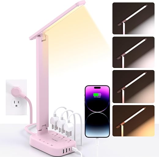 One Beat Small LED Desk Lamp Power Strip 5ft Extension Cord with 3 Outlets 4 USB Ports(2 USB C), 4 Modes, 5 Level Touch Lamp Study Reading Light,...