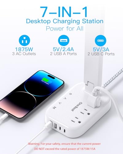 One Beat Small LED Desk Lamp Power Strip 5ft Extension Cord with 3 Outlets 4 USB Ports(2 USB C), 4 Modes, 5 Level Touch Lamp Study Reading Light,...
