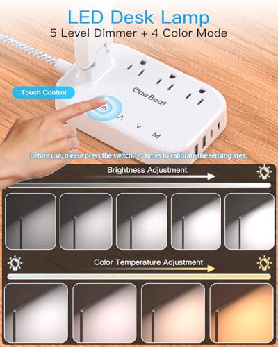 One Beat Small LED Desk Lamp Power Strip 5ft Extension Cord with 3 Outlets 4 USB Ports(2 USB C), 4 Modes, 5 Level Touch Lamp Study Reading Light,...