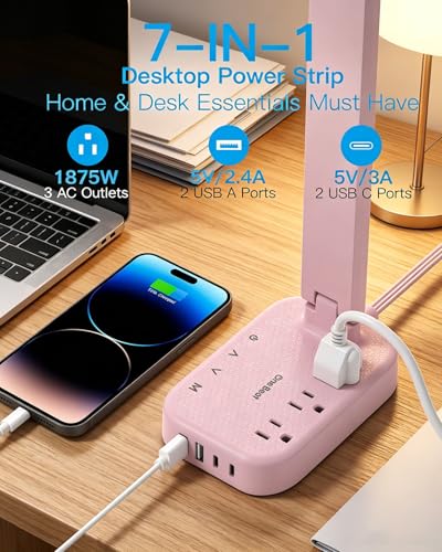 One Beat Small LED Desk Lamp Power Strip 5ft Extension Cord with 3 Outlets 4 USB Ports(2 USB C), 4 Modes, 5 Level Touch Lamp Study Reading Light,...