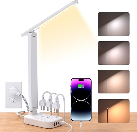 One Beat Small LED Desk Lamp Power Strip 5ft Extension Cord with 3 Outlets 4 USB Ports(2 USB C), 4 Modes, 5 Level Touch Lamp Study Reading Light,...