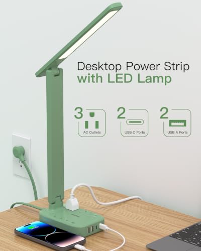 One Beat Small LED Desk Lamp Power Strip, Extension Cord with 3 Outlets 4 USB Ports(2 USB C), 4 Modes, 5 Level Touch Lamp Study Reading Light, Home...