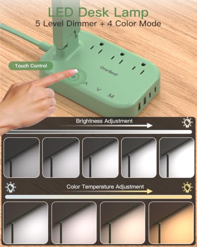 One Beat Small LED Desk Lamp Power Strip, Extension Cord with 3 Outlets 4 USB Ports(2 USB C), 4 Modes, 5 Level Touch Lamp Study Reading Light, Home...