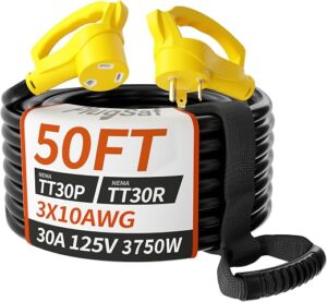 PlugSaf 50 FT 30 Amp RV Extension Cord Outdoor with Grip Handle, Flexible Heavy Duty 10/3 Gauge STW RV Power Cord Waterproof with Cord Organizer,... PlugSaf 50 FT 30 Amp RV Extension Cord Outdoor with Grip Handle, Flexible Heavy Duty 10/3 Gauge STW RV Power Cord Waterproof with Cord Organizer,...
