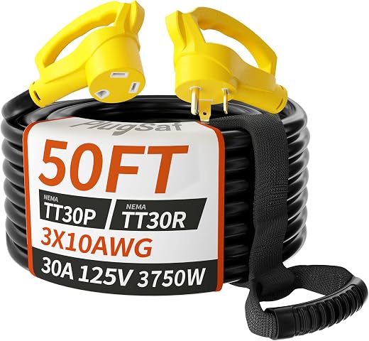 PlugSaf 50 FT 30 Amp RV Extension Cord Outdoor with Grip Handle, Flexible Heavy Duty 10/3 Gauge STW RV Power Cord Waterproof with Cord Organizer,...