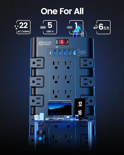 Power Strip, SUPERDANNY Surge Protector with 22 AC Outlets and 6 USB Charging Ports, 1875W/15A, 2100 Joules, 6.5Ft Flat Plug Heavy Duty Extension...