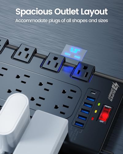 Power Strip, SUPERDANNY Surge Protector with 22 AC Outlets and 6 USB Charging Ports, 1875W/15A, 2100 Joules, 6.5Ft Flat Plug Heavy Duty Extension...