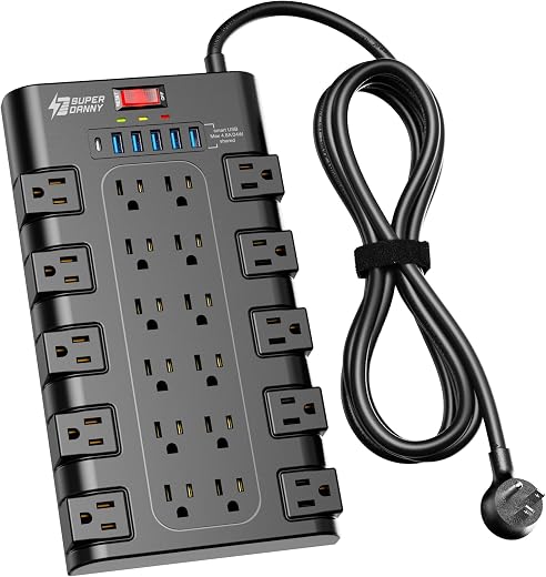 Power Strip, SUPERDANNY Surge Protector with 22 AC Outlets and 6 USB Charging Ports, 1875W/15A, 2100 Joules, 6.5Ft Flat Plug Heavy Duty Extension...