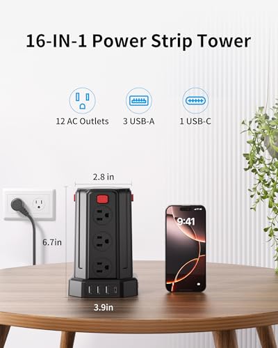 Power Strip Surge Protector, 6.5 Ft Extension Cord with 12 AC Multiple Outlets 4 USB (1 USB C), SMALLRT Power Tower Desktop Charging Station Power Strip Surge Protector, 6.5 Ft Extension Cord with 12 AC Multiple Outlets 4 USB (1 USB C), SMALLRT Power Tower Desktop Charging Station