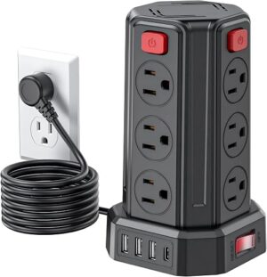 Power Strip Surge Protector, 6.5 Ft Extension Cord with 12 AC Multiple Outlets 4 USB (1 USB C), SMALLRT Power Tower Desktop Charging Station
