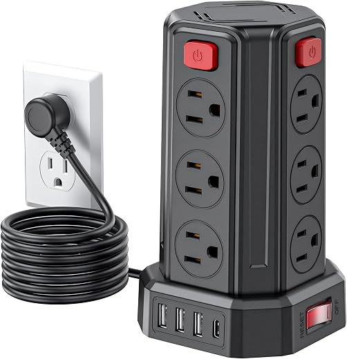 Power Strip Surge Protector, 6.5 Ft Extension Cord with 12 AC Multiple Outlets 4 USB (1 USB C), SMALLRT Power Tower Desktop Charging Station Power Strip Surge Protector, 6.5 Ft Extension Cord with 12 AC Multiple Outlets 4 USB (1 USB C), SMALLRT Power Tower Desktop Charging Station