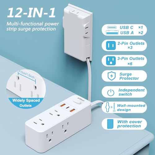 Power Strip Surge Protector with Flat Extension Cord Outlet Cover 6 AC Outlets(3 Wall Outlets Extender) 3 USB Ports (2USB C), 1050 Joules, Multi...