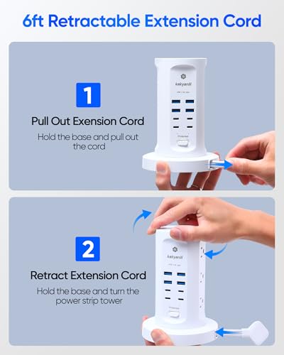 Power Strip Tower, kakyanill Surge Protector Tower 9 AC Outlets 8 USB (4 USB C), 6 Ft Retractable Extension Cord, Charging Station for Office Dorm...