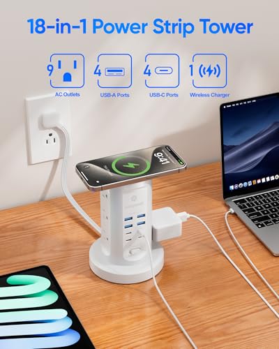 Power Strip Tower, kakyanill Surge Protector Tower 9 AC Outlets 8 USB (4 USB C), 6 Ft Retractable Extension Cord, Charging Station for Office Dorm...