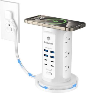 Power Strip Tower, kakyanill Surge Protector Tower 9 AC Outlets 8 USB (4 USB C), 6 Ft Retractable Extension Cord, Charging Station for Office Dorm...