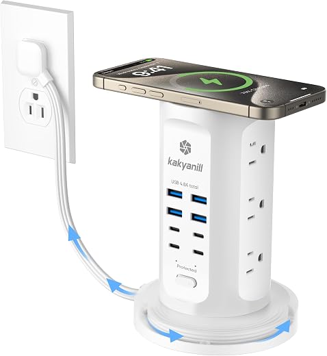 Power Strip Tower, kakyanill Surge Protector Tower 9 AC Outlets 8 USB (4 USB C), 6 Ft Retractable Extension Cord, Charging Station for Office Dorm...